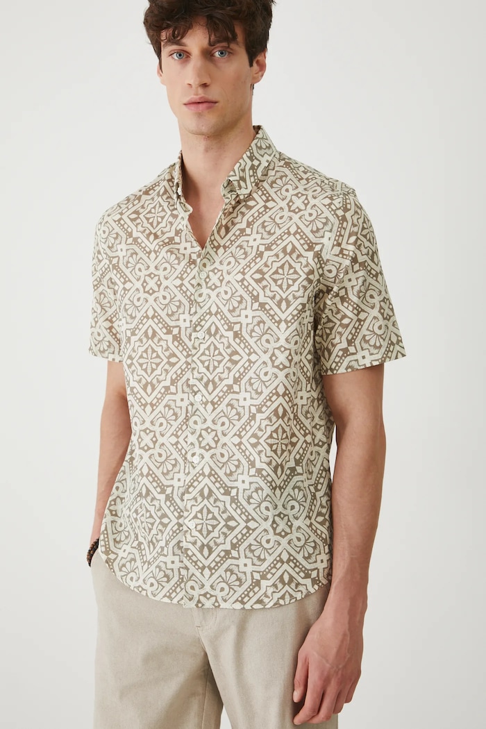 Koszula bawełniana męska z kołnierzykiem button-down kolor beżowy RS25-KKM905 beżowy RS25