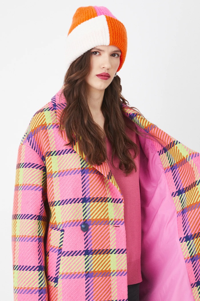 Płaszcz z domieszką wełny damski w kratę kolor multicolor RS25-KPD104