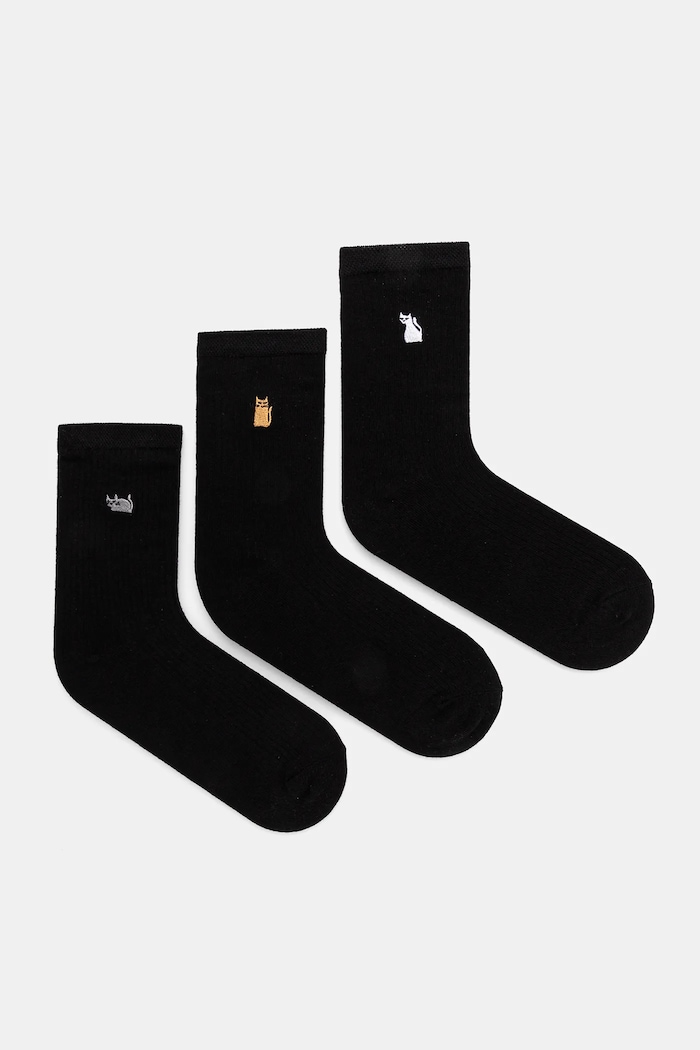 Skarpetki damskie z ozdobnym haftem w koty (3-pack) kolor czarny skarpetki długie czarny RS25.LGD405