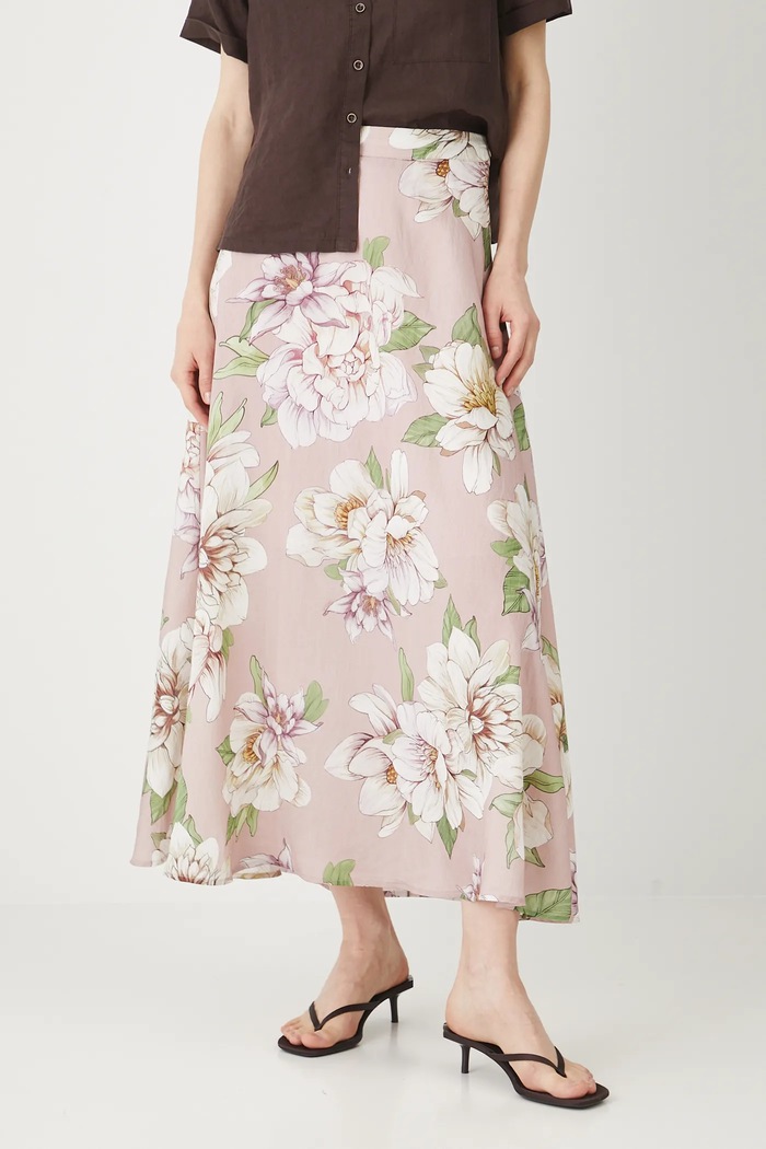 Spódnica damska maxi w kwiaty kolor różowy rozkloszowany różowy RS25-SDD901