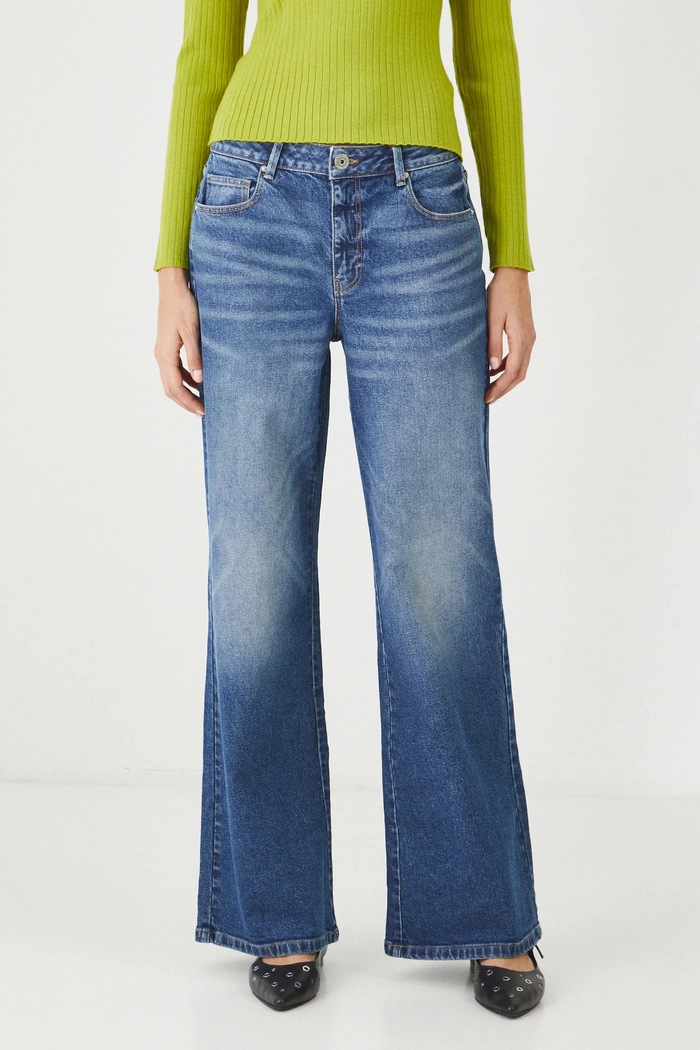 Jeansy damskie wide leg z efektem sprania kolor niebieski niebieski RS25.SJD304