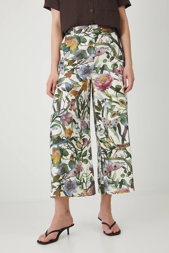 Lněné kalhoty dámské culottes, jednobarevné béžová barva len béžová RS25-SPD903
