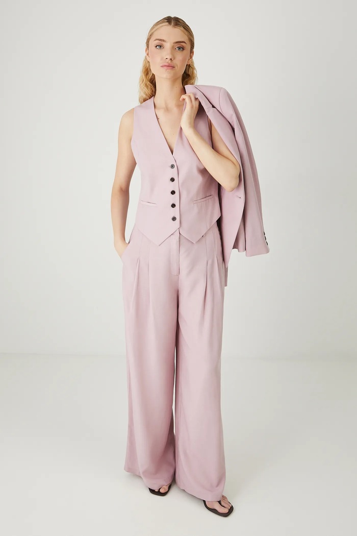 Spodnie z domieszką lnu damskie wide leg gładkie kolor różowy RS25-SPD906 różowy RS25