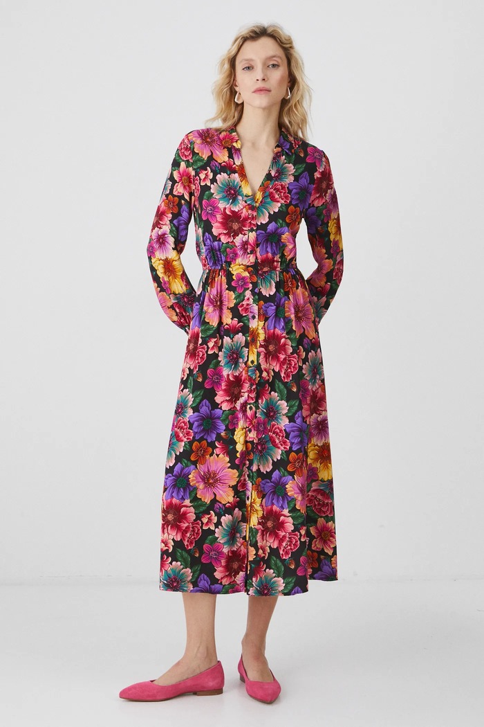 Sukienka damska midi z wiskozy w kwiaty kolor multicolor midi multicolor RS25-SUD020