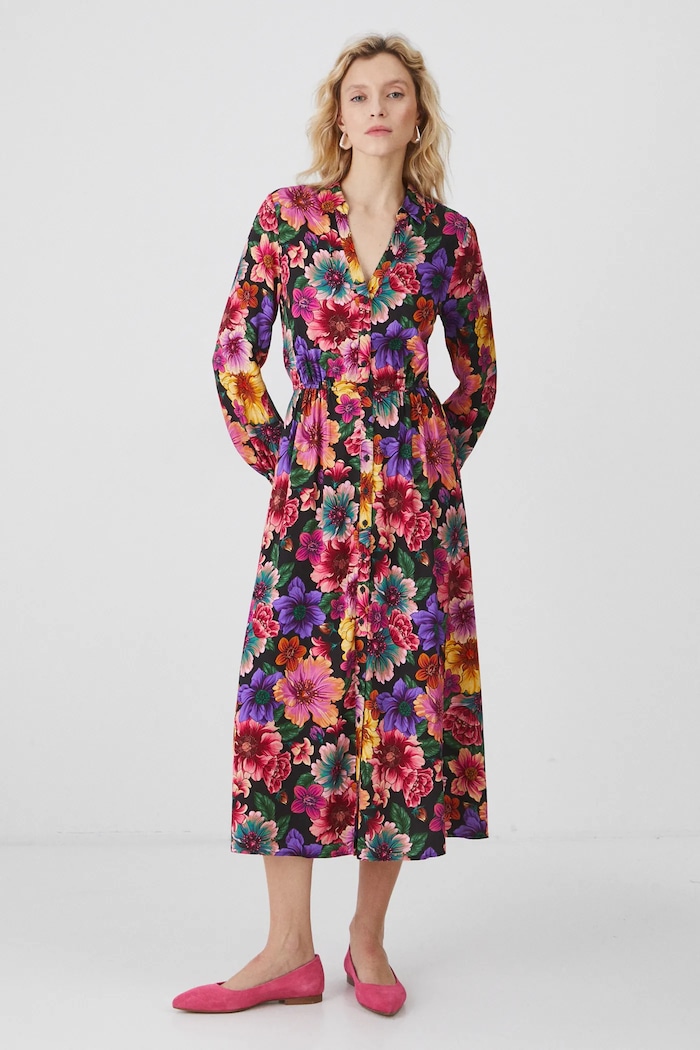 Sukienka damska midi z wiskozy w kwiaty kolor multicolor midi multicolor RS25-SUD020