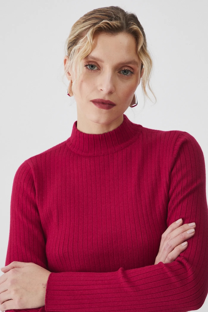 Sweter damski prążkowany z wiskozą kolor czerwony czerwony RS25.SWD020