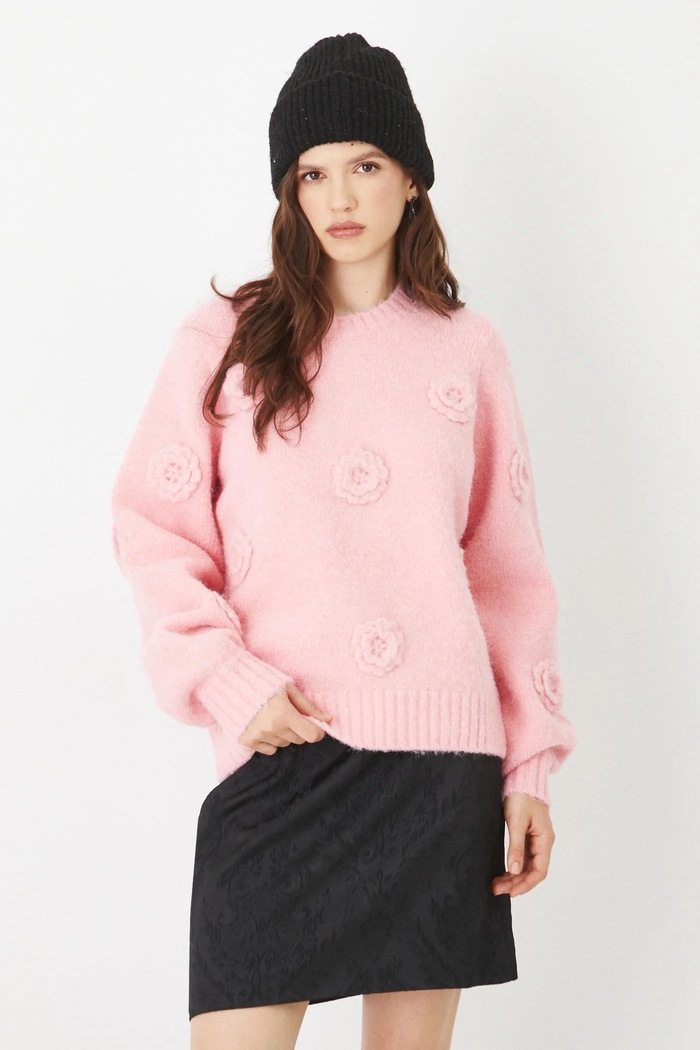 Sweter z domieszką wełny damskie z aplikacją kolor różowy gruba różowy RS25-SWD101