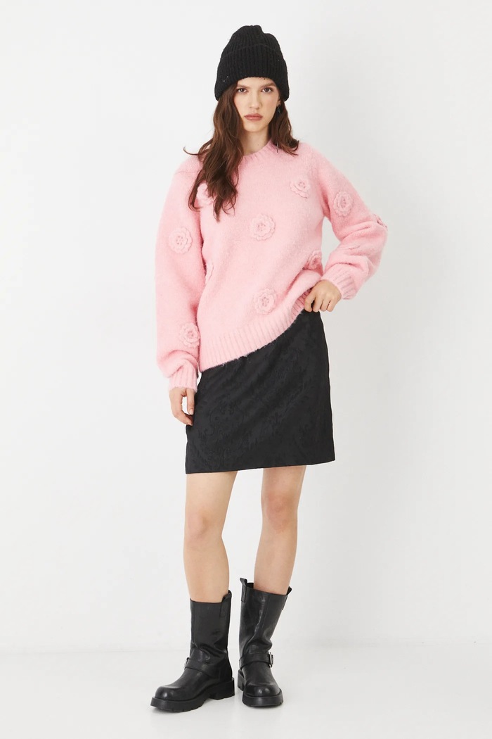 Sweter z domieszką wełny damskie z aplikacją kolor różowy RS25-SWD101 różowy RS25