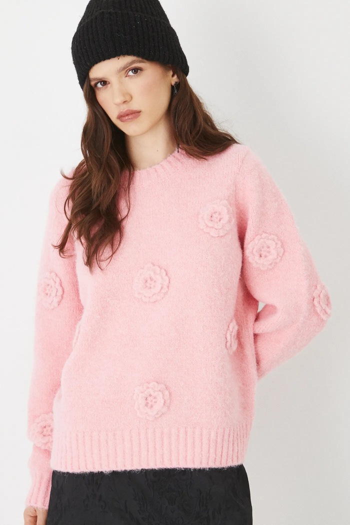 Sweter z domieszką wełny damskie z aplikacją kolor różowy różowy RS25-SWD101