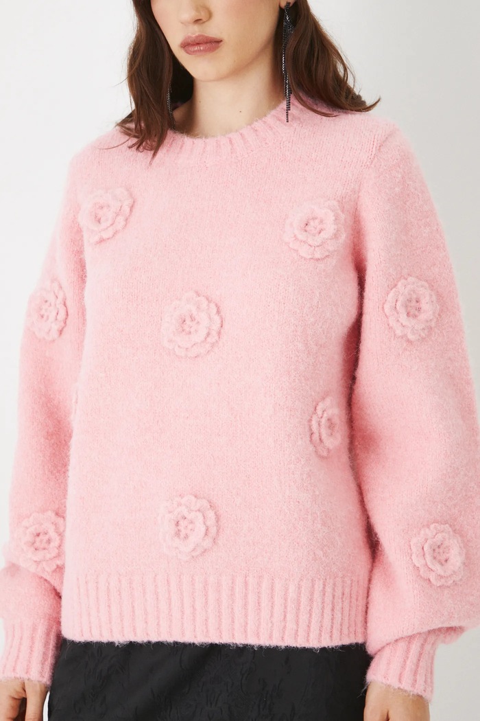 Sweter z domieszką wełny damskie z aplikacją kolor różowy RS25-SWD101 różowy