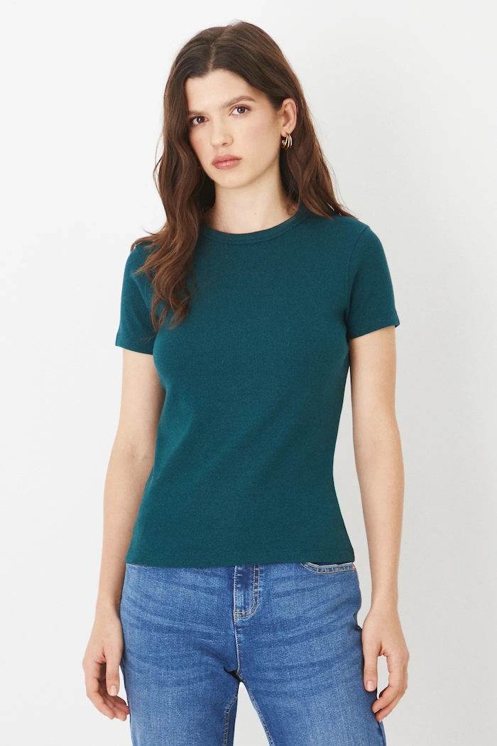 T-shirt damski prążkowany z modalem kolor zielony gładkie turkusowy RS25-TSD010