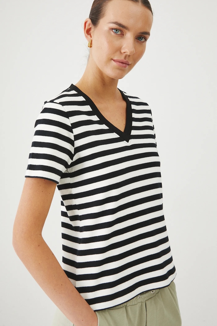 T-shirt bawełniany damski w pasy kolor czarny wzorzyste czarny RS25-TSD032