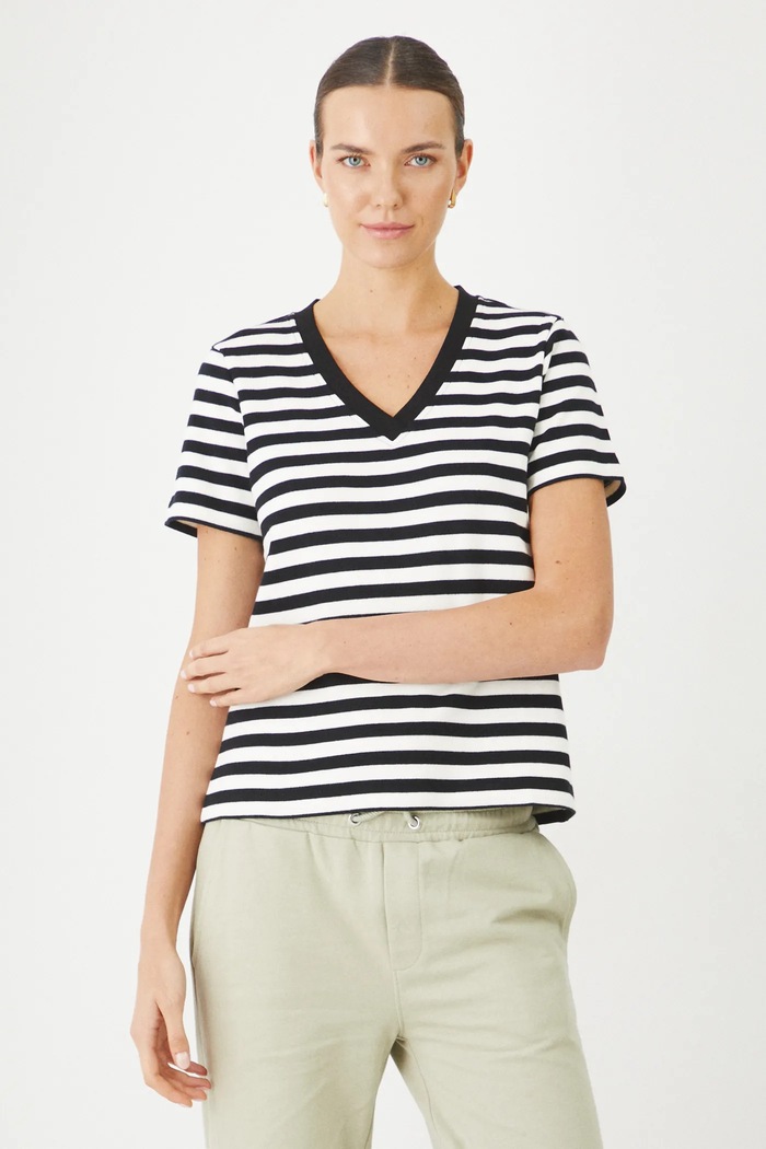 T-shirt bawełniany damski w pasy kolor czarny czarny RS25-TSD032