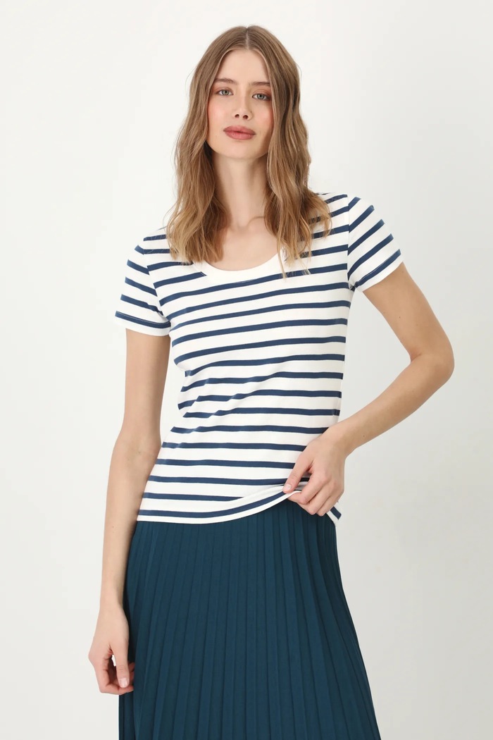 T-shirt bawełniany damski w pasy kolor biały biały RS25-TSD051