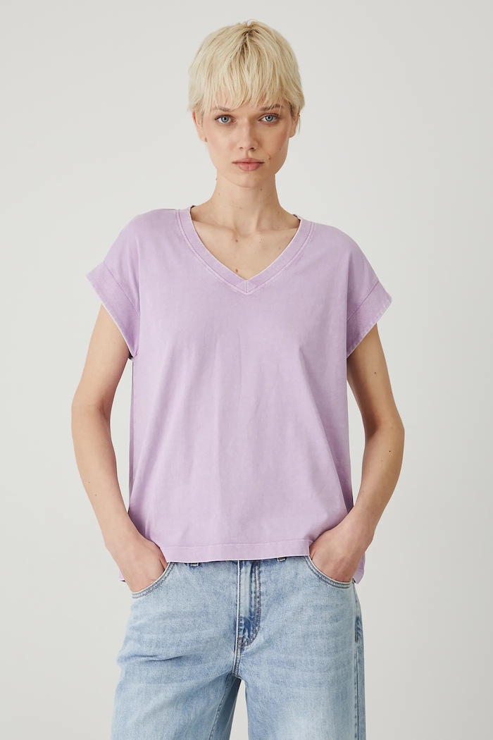 T-shirt bawełniany damski gładki kolor fioletowy gładkie fioletowy RS25-TSD082