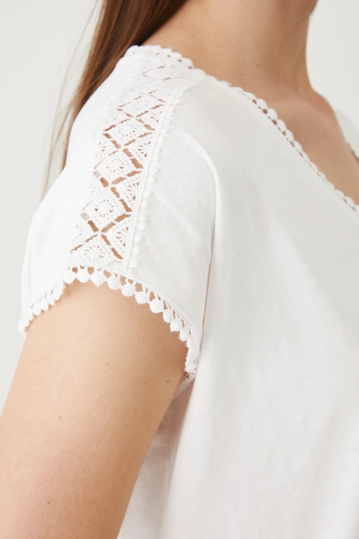 T-shirt bawełniany damski z ozdobnymi wstawkami kolor biały RS25-TSD090 biały