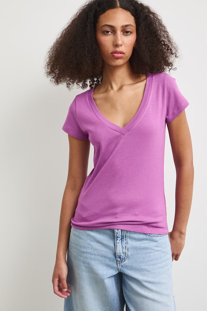 T-shirt damski prążkowany z modalem kolor fioletowy z elastanem fioletowy RS25-TSD091