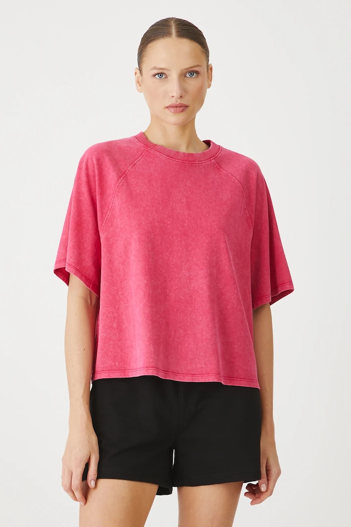 T-shirt bawełniany damski z efektem sprania kolor różowy bawełna różowy RS25-TSD0A0