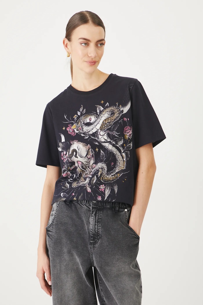 T-shirt bawełniany damski z elastanem z nadrukiem kolor czarny czarny RS25-TSD404
