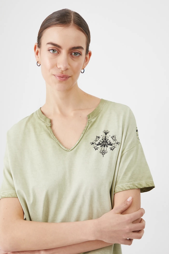 T-shirt bawełniany damski z nadrukiem kolor zielony zielony RS25-TSD408