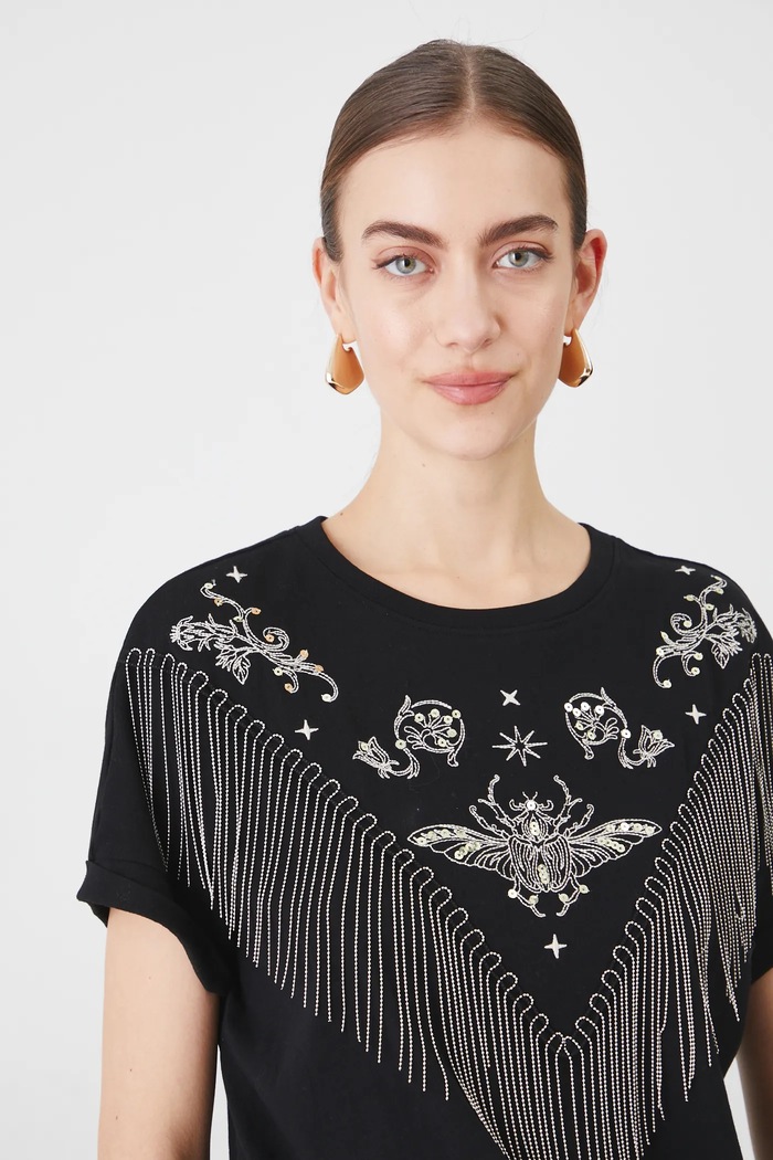 T-shirt bawełniany damski z ozdobnymi frędzlami kolor czarny czarny RS25.TSD409