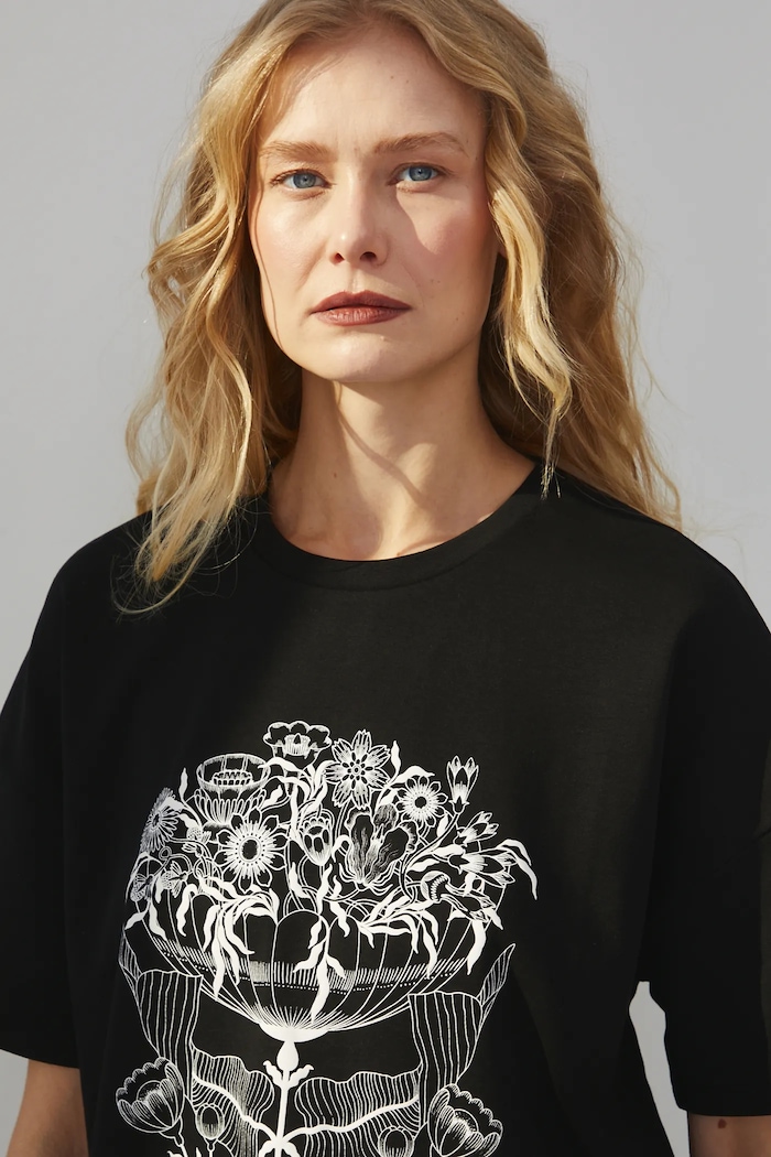 T-shirt bawełniany damski z nadrukiem interlock kolor czarny czarny RS25-TSD603