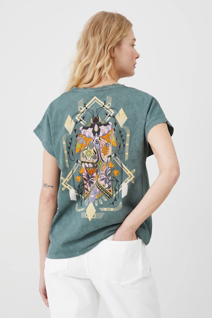 T-shirt bawełniany damski z nadrukiem kolor zielony zielony RS25-TSD605