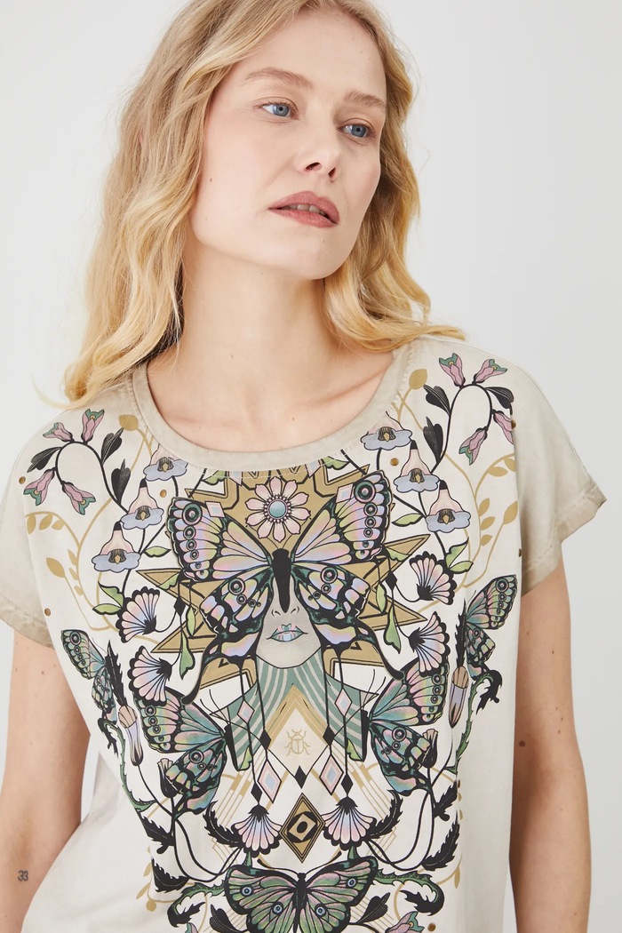 T-shirt bawełniany damski z nadrukiem kolor beżowy beżowy RS25.TSD611