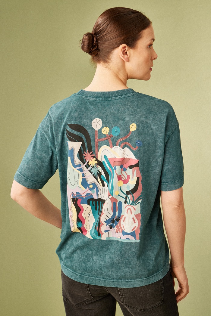 T-shirt bawełniany damski by Barbora Idesová, Sense of Values kolor zielony okrągły turkusowy RS25-TSD657