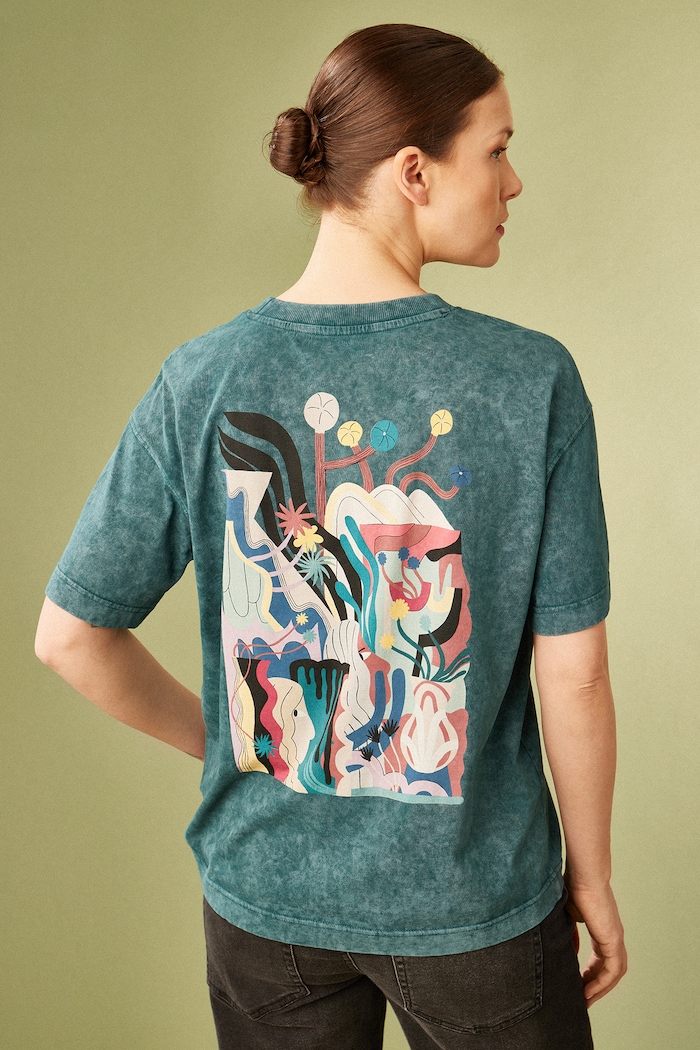 T-shirt bawełniany damski by Barbora Idesová, Sense of Values kolor zielony okrągły turkusowy RS25-TSD657