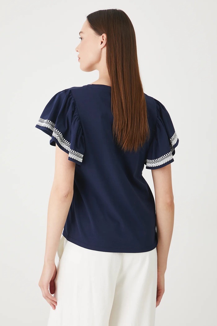 Odzież T-shirt bawełniany damski z ozdobnym haftem kolor granatowy RS25-TSD704 granatowy