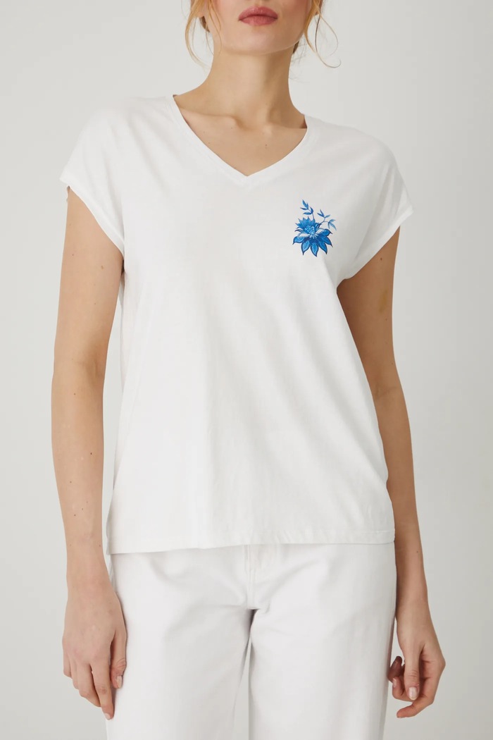 T-shirt bawełniany damski z nadrukiem beżowy RS25-TSD713
