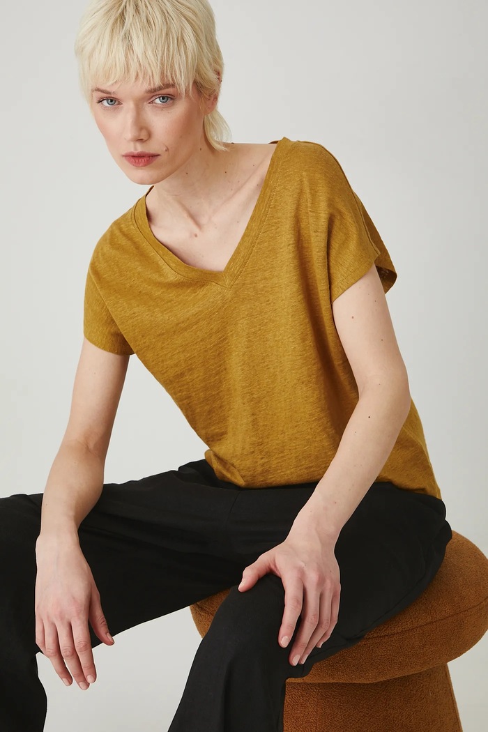 T-shirt lniany damski gładki kolor żółty szpic żółty RS25-TSD802