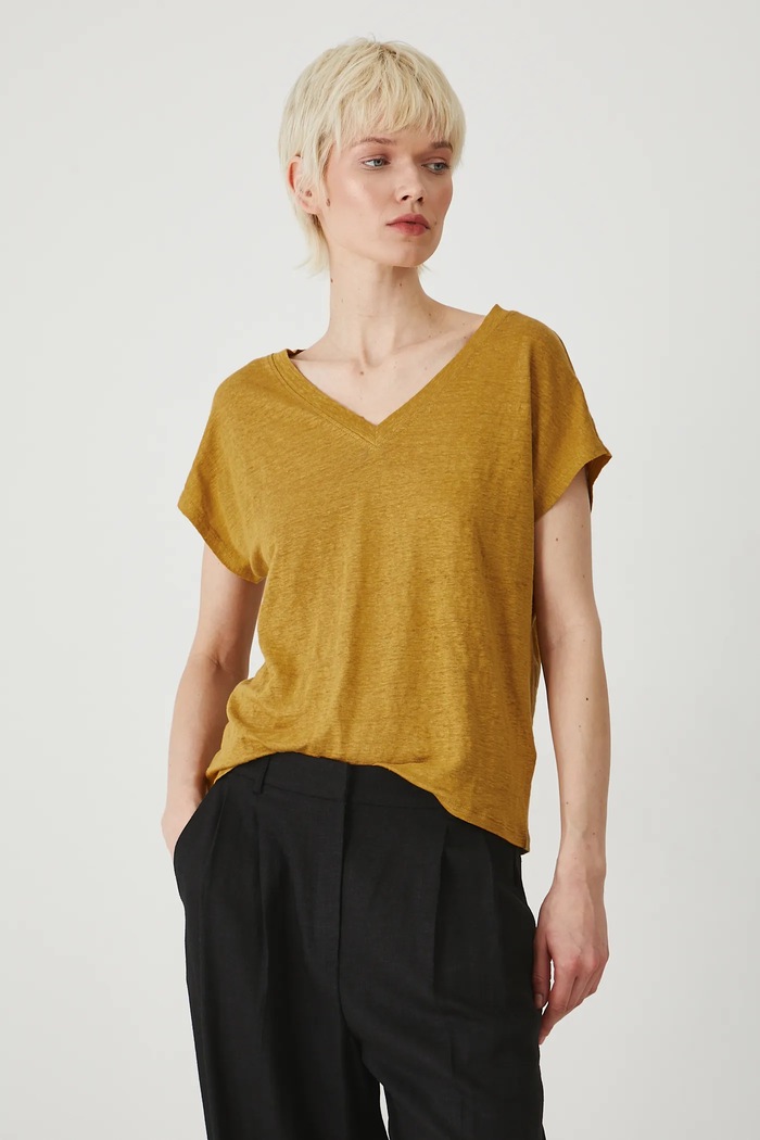 T-shirt lniany damski gładki kolor żółty żółty RS25-TSD802