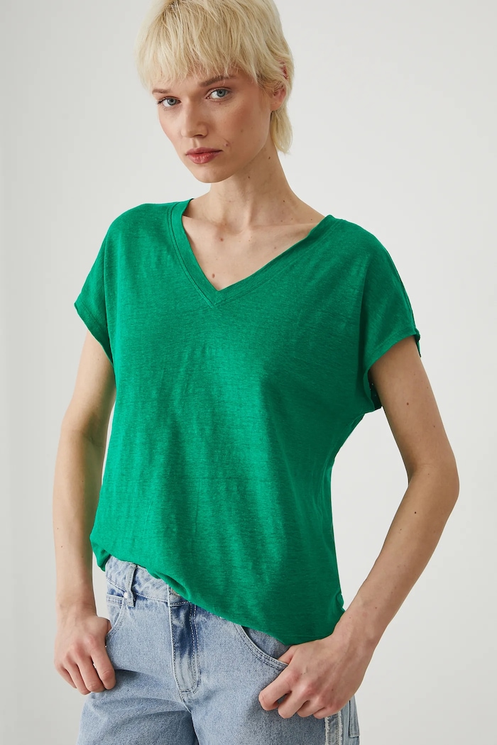 T-shirt lniany damski gładki kolor zielony zielony RS25-TSD802