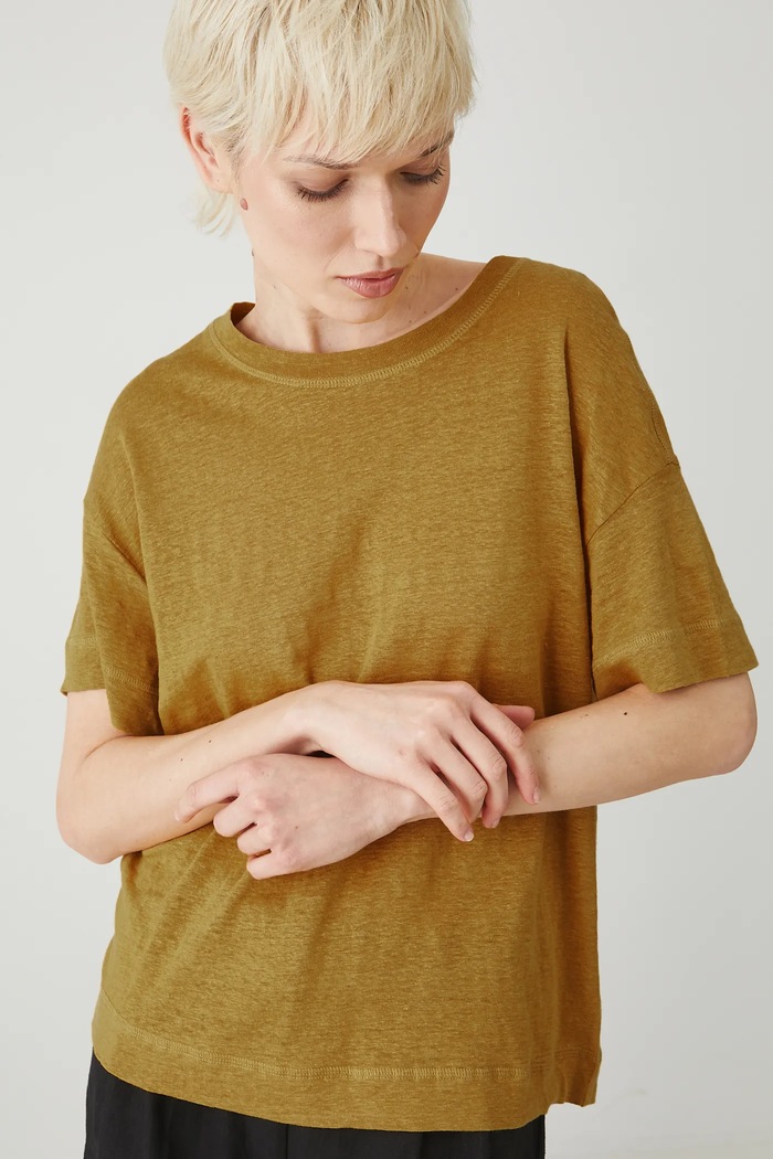 T-shirt lniany damski gładki kolor żółty żółty RS25-TSD803