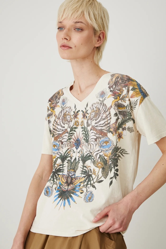 T-shirt bawełniany damski z nadrukiem kolor beżowy bawełna beżowy RS25-TSD810