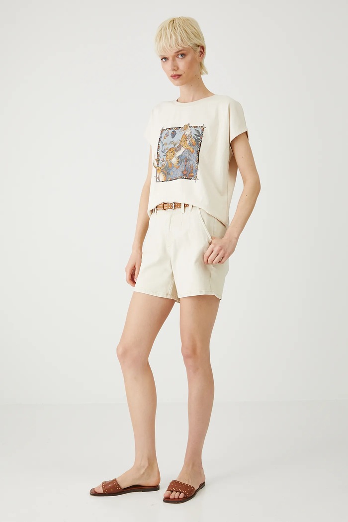 T-shirt damski interlock z wiskozą kolor beżowy okrągły beżowy RS25-TSD811