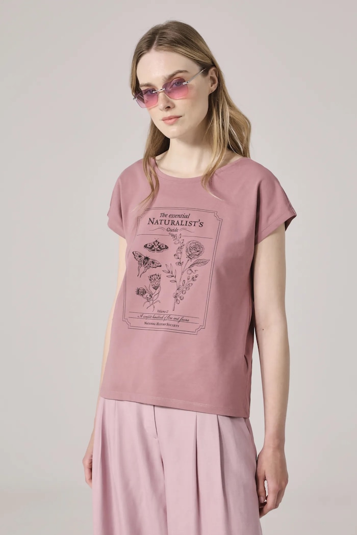 T-shirt bawełniany damski z elastanem z nadrukiem kolor różowy z elastanem różowy RS25-TSD909