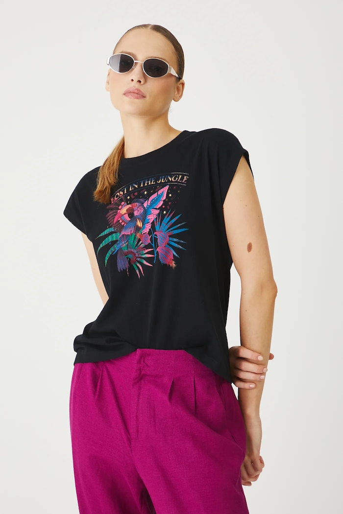 T-shirt bawełniany damski z nadrukiem kolor czarny okrągły czarny RS25-TSDA01