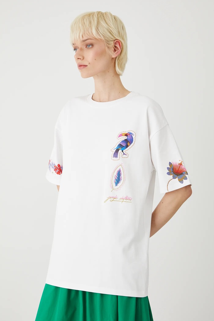 T-shirt bawełniany damski z nadrukiem i aplikacją kolor biały RS25-TSDA04 biały RS25