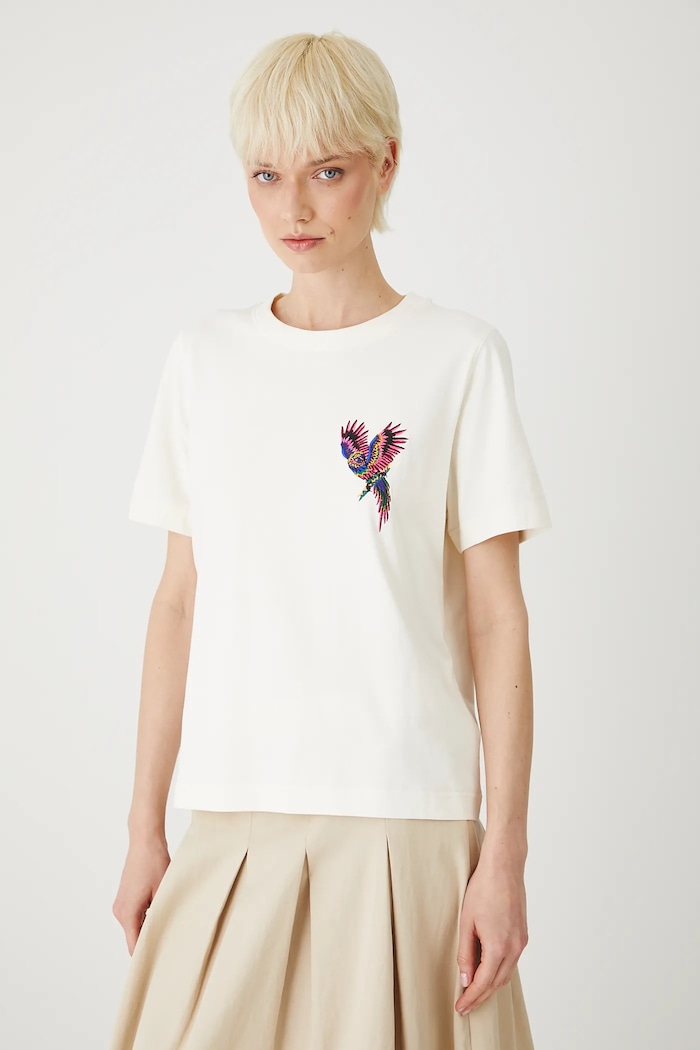 T-shirt bawełniany damski z elastanem z ozdobnym haftem kolor beżowy RS25.TSDA07 beżowy RS25