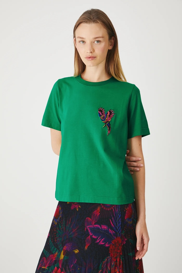 T-shirt bawełniany damski z elastanem z ozdobnym haftem kolor zielony RS25.TSDA07 zielony RS25