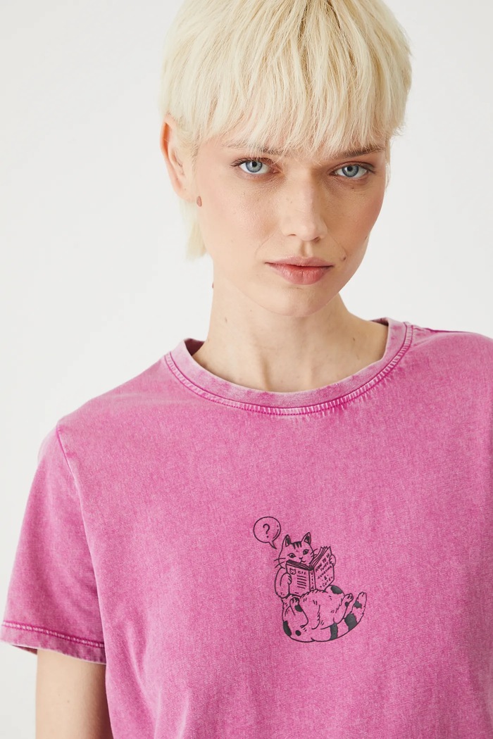 T-shirt bawełniany damski z efektem sprania kolor różowy okrągły różowy RS25-TSDA09