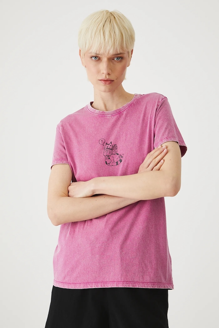 T-shirt bawełniany damski z efektem sprania kolor różowy różowy RS25-TSDA09