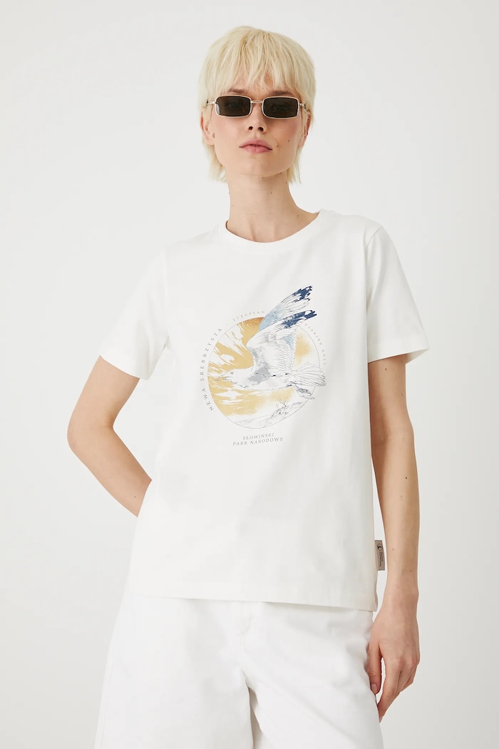 T-shirt bawełniany damski z elastanem z kolekcji Medicine x Słowiński Park Narodowy kolor beżowy RS25-TSDA52 beżowy RS25
