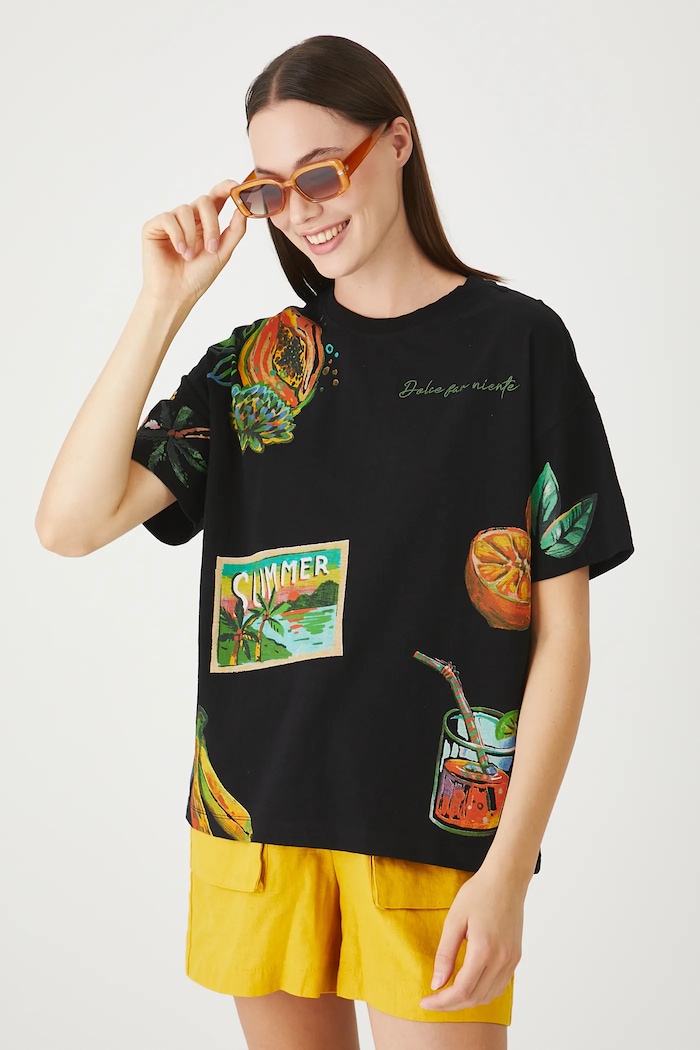 T-shirt bawełniany damski z nadrukiem i haftem kolor czarny okrągły czarny RS25-TSDB06