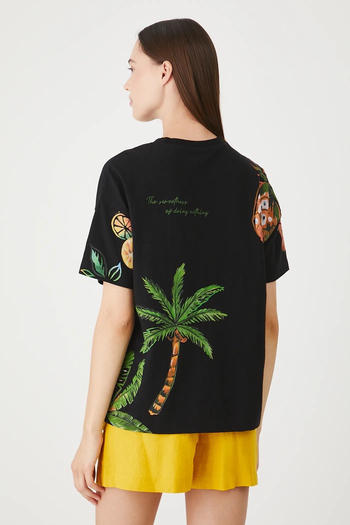 Odzież T-shirt bawełniany damski z nadrukiem i haftem kolor czarny RS25-TSDB06 czarny