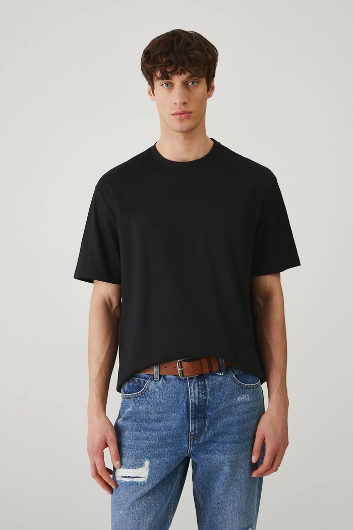 T-shirt bawełniany męski interlock gładki kolor czarny bawełna czarny RS25-TSM041