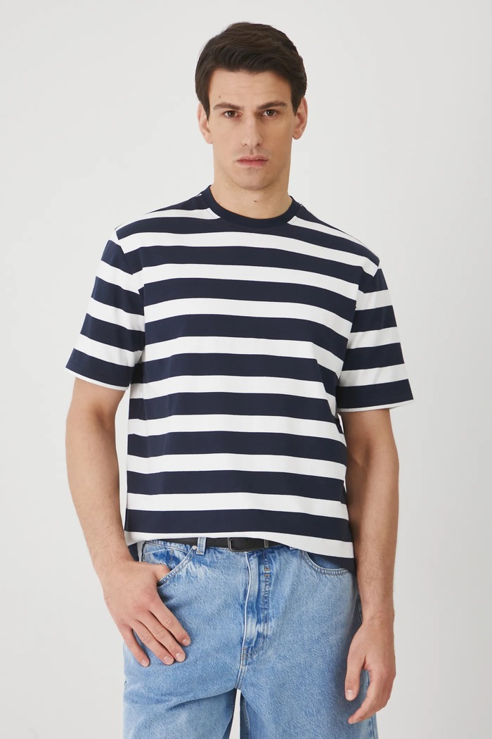 T-shirt bawełniany męski w pasy interlock kolor beżowy bawełna beżowy RS25-TSM072